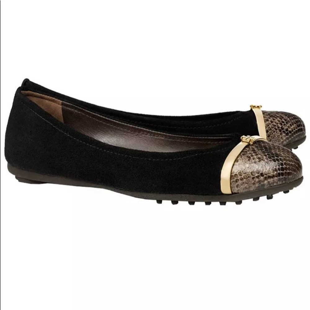 Tory Burch Suede Pacey Flats Black with Snake Print Toe Sz 10 Suede